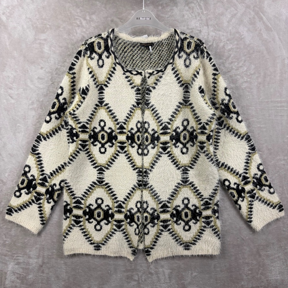 Alberto Makali XL Fuzzy Metallic Geometric Diamond Knit Cardigan Cream Statement